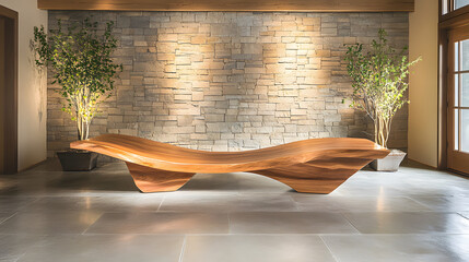 Poster - A sleek, modern wooden bench is showcased against a stone wall, complemented by greenery, creating a harmonious and inviting interior space