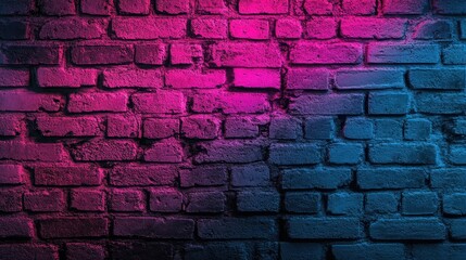 Poster - Bright neon pink and blue glowing on a textured brick wall, creating a vibrant urban backdrop