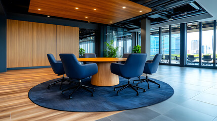 Poster - A modern conference room featuring a circular wooden table surrounded by blue chairs, large windows, and a stylish rug