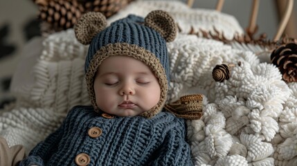 Charming newborn baby in woolen bear outfit sleeps on soft fur blanket with pine cones accent