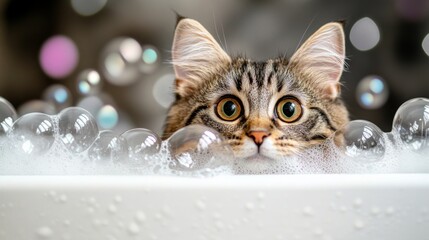 Poster - Curious Cat Surrounded by Bubbles in a Bathtub Setting