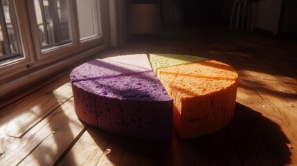 Poster - Colorful Round Foam Pie Chart on Wooden Floor in Sunlit Room