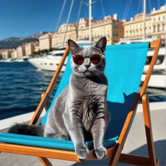 Stylish Gray Cat Relaxing on a Deck Chair by the Sea in Sunny Day