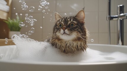 Poster - Adorable Cat Taking a Bath Surrounded by Bubbles and Foam