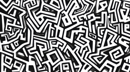 Poster - Complex abstract black and white wavy line pattern forming a continuous maze-like design