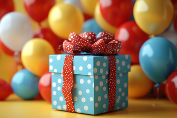 A cheerful birthday card featuring a blue gift box with white polka dots, a red ribbon, and colorful balloons on a yellow background.
