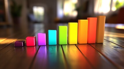 Poster - Colorful Bar Graph on Wooden Table with Natural Light Background