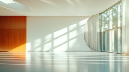 A serene minimalist room features a stark white wall and large windows through which soft sunlight streams, creating an atmosphere of tranquility and openness.