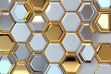 Poster - A repeating hexagonal pattern with gradient shades of silver and gold