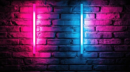 Poster - Neon pink and blue light reflecting on a rugged brick wall for a futuristic and edgy background
