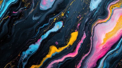Poster - Neon pink, blue, and yellow streaks cutting through a glowing black background for abstract themes