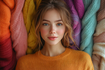 Wall Mural - A woman stands amazed in a vibrant boutique, in front of a colorful wall of neatly displayed sweaters, showcasing excitement.
