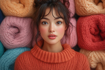 Wall Mural - A woman stands amazed in a vibrant boutique, in front of a colorful wall of neatly displayed sweaters, showcasing excitement.
