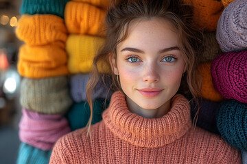 Wall Mural - A woman stands amazed in a vibrant boutique, in front of a colorful wall of neatly displayed sweaters, showcasing excitement.
