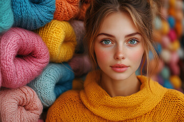 Wall Mural - A woman stands amazed in a vibrant boutique, in front of a colorful wall of neatly displayed sweaters, showcasing excitement.
