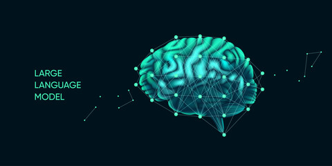 Fototapete - Illustration of Ai Brain with neural network. Large language model, big data, technology, AI, data transfer, data flow, generative AI