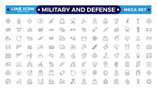 Military equipment, combat war weapon line icon set. Missile bomb and grenade, pistol and medal of army soldier, target of gun drone Military and Defense editable stroke outline icon.