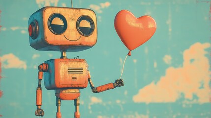 Wall Mural - Old style robots and heart-shaped balloons