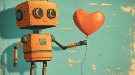 Wall Mural - Old style robots and heart-shaped balloons