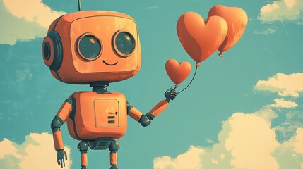 Wall Mural - Old style robots and heart-shaped balloons