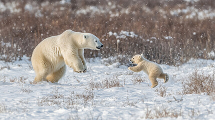 a baby polar bear playing with its mother in a snow-covered field.