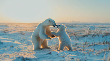 a baby polar bear playing with its mother in a snow-covered field.