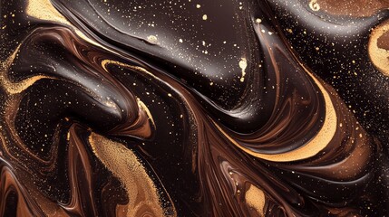 Poster - Rich mocha paint swirls and dances under shimmering golden highlights, creating an alluring abstract pattern. This vibrant display captivates with its intricate details and harmonious flow