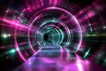 Poster - A futuristic tunnel of light with concentric rings glowing in neon green and magenta.
