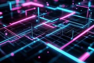 Poster - A futuristic grid design with glowing neon blue lines against a black background.