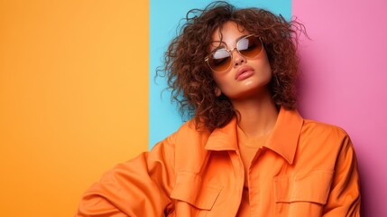 Wall Mural - A stylish woman wearing sunglasses and an orange jacket stands confidently in front of a colorful, multicolored backdrop, representing vibrant urban fashion.