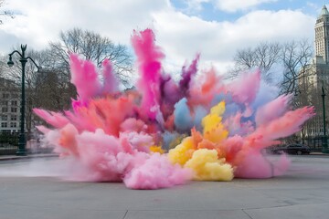 Poster - A dynamic explosion of powdery pigments, frozen in mid-air with vibrant colors