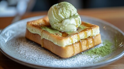 Wall Mural - Delicious matcha dessert with ice cream served on a plate