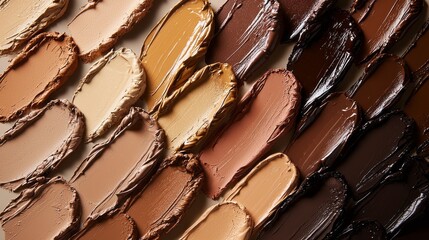 Poster - Various shades of foundation are artistically arranged, showcasing the beauty of diversity in skin tones. This flat lay captures an aesthetic blend in warm, inviting tones