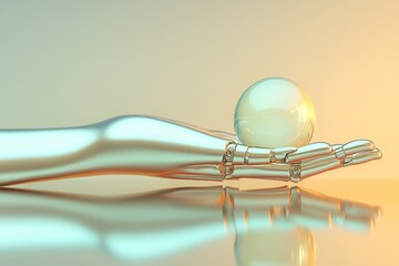 Poster - Futuristic Metallic Hand Holding a Transparent Sphere with Soft Lighting and Reflections, Symbolizing Technology, Innovation, and Possibilities in a Digital Era