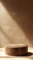 Poster - A solitary podium rests on a smooth surface, illuminated by soft morning rays against a warm mocha mousse wall, inviting creative inspiration