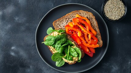 Poster - Colorful Veggie Toast with Spinach and Bell Peppers on Plate