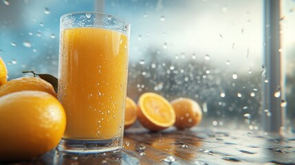 Poster - Fresh Orange Juice in Glass with Lemons and Raindrops on Window