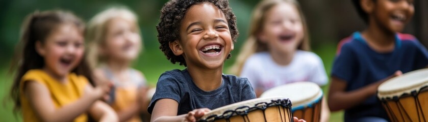 joyful children playing in a homemade drum circle outdoors