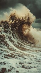 Poster - A massive mocha wave curls dramatically, blending brown sand into frothy white surf as storm clouds loom overhead. The scene captures the raw power of nature at twilight