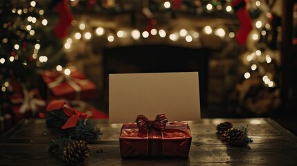 Poster - Festive blank Christmas greeting card on a table with decorations, ready for customization with holiday wishes.