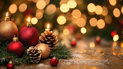 Poster - Festive blank Christmas greeting card on a table with decorations, ready for customization with holiday wishes.