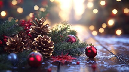 Poster - Festive blank Christmas greeting card on a table with decorations, ready for customization with holiday wishes.