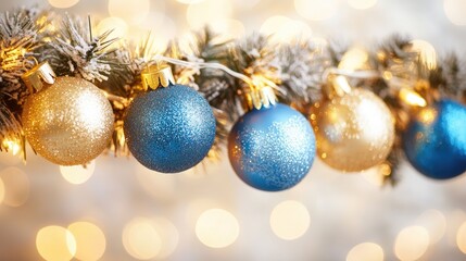 Wall Mural - Golden garland string lights: Golden and blue Christmas garlands hang softly, glowing with warm light and a subtle bokeh background for a holiday ambiance.