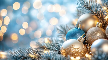 Poster - Holiday bokeh with golden garland: A soft blue and gold garland glows, surrounded by a warm, defocused bokeh background for a classic holiday feel.