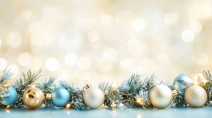 Poster - Holiday bokeh with golden garland: A soft blue and gold garland glows, surrounded by a warm, defocused bokeh background for a classic holiday feel.