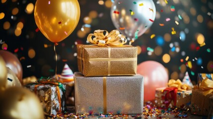Poster - Metallic gold and silver wrapped presents stacked with colorful confetti and balloons, surrounded by party decorations like hats and streamers.