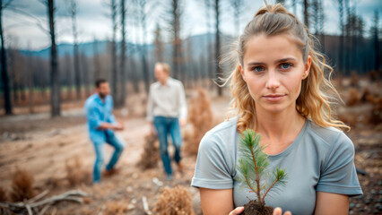 Young woman with serious expression planting tree in burnt forest with two men in background