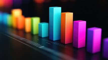 Poster - A 3D bar graph showing a business growth trend with vibrant colors, on a sleek black background, emphasizing professional financial data