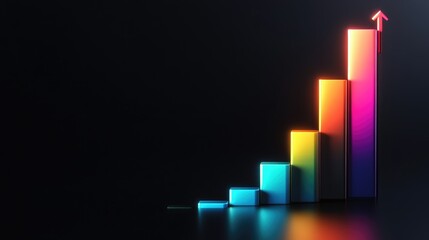 Poster - A 3D bar graph showing a business growth trend with vibrant colors, on a sleek black background, emphasizing professional financial data