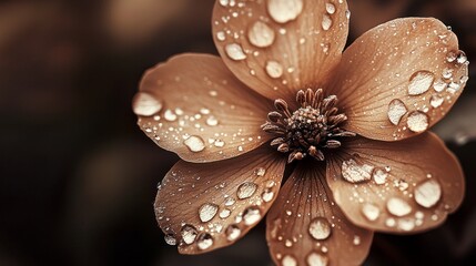 Poster - Delicate mocha petals display a stunning array of water droplets, evoking nature’s beauty in a tranquil garden setting at dawn